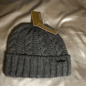 Michael Kors Pearl Heather Gray Cable Knit Fleece Lined Beanie Hat OS NWT